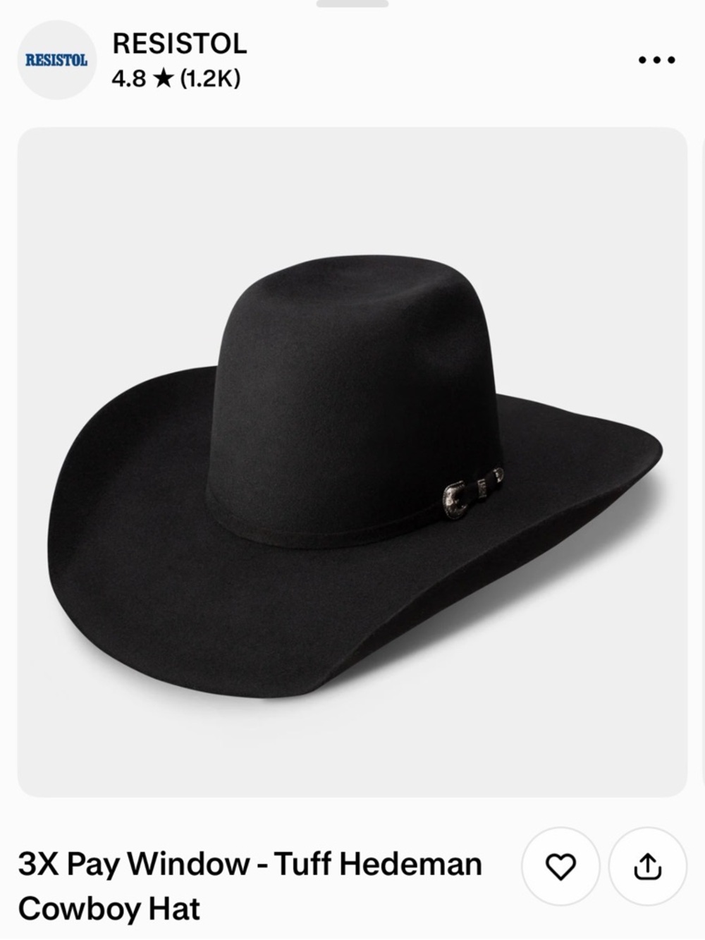 Resistol 3X Pay Window Tuff Hedeman Black Cowboy Hat